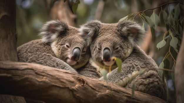 Koalas cuddle together in a tree