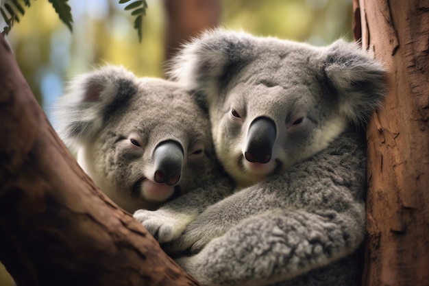 Koalas cuddle in a tree