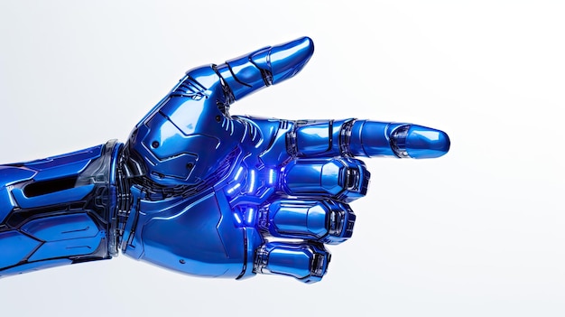 Kobaltblauwe robothand wijst zelfverzekerd in een witte studio