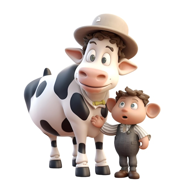 Koe en jongen op een witte achtergrond geïsoleerde 3D illustratie