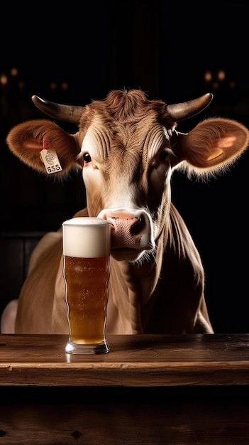 koe met een glas bier en een koe op tafel