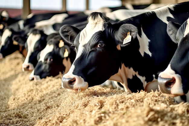 Koeien eten hooi in een close-up van een boerderij