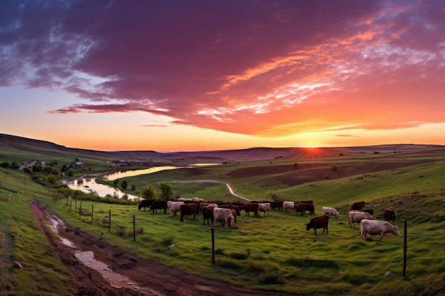Koeien grazen in een weelderig groen veld bij zonsondergang