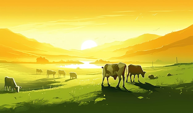 Koeien grazen op een boerderij met zonlicht boerderij landschap illustratie met generatieve ai