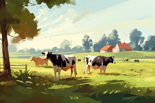 Koeien grazen op een boerderij met zonlicht boerderij landschap illustratie met generatieve ai