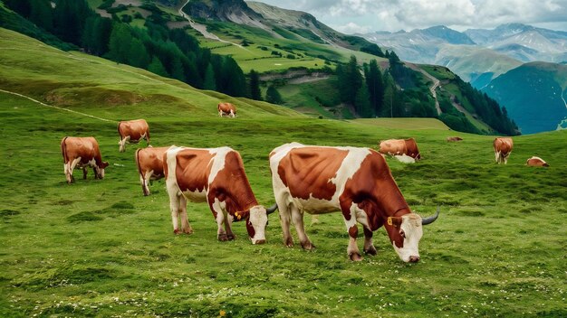 Koeien grazen op een groen veld koeien op de alpine weiden prachtig alpine landschap