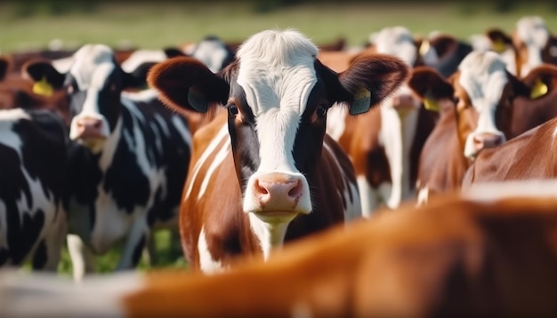 Koeien grazen op een groene weide een vreedzame landelijke scène gegenereerd door kunstmatige intelligentie