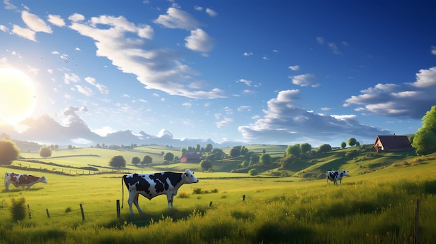 Koeien grazen op een landelijke boerderij met een bewolkt landschap op een zomerdag