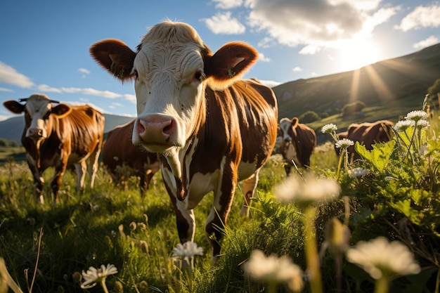 Koeien grazen op het grasveld op een heldere en zonnige dag tegen de blauwe hemel Leuk dier op de weide die naar de camera kijkt