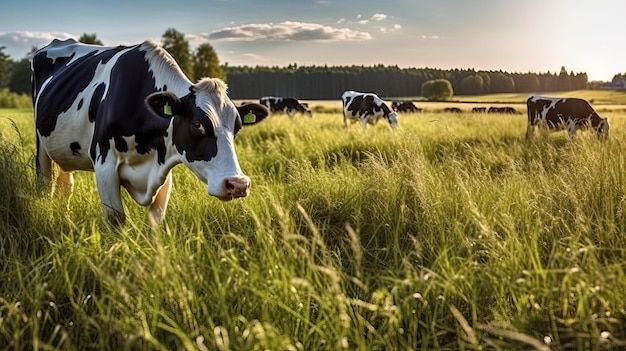 Koeien in een weiland met de ondergaande zon achter zich