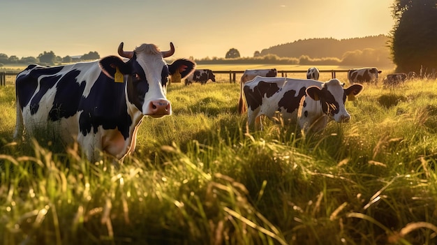 Koeien in een weiland met een zonsondergang op de achtergrond