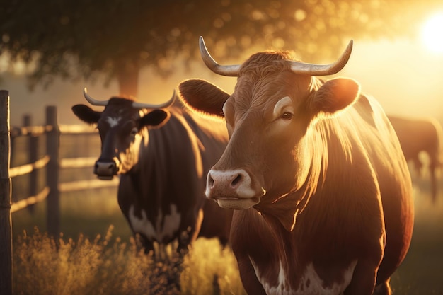Koeien kudde op een grasveld tijdens de zomer bij zonsondergang Een koe kijkt naar de camera zonnestralen AI Generation