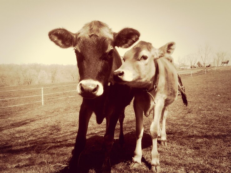 Foto koeien op het grasveld tegen de lucht tijdens een zonnige dag