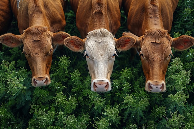 Foto koeien zijn bruin en hebben witte vlekken op hun gezichten staan in een veld van groen gras zicht van de drone