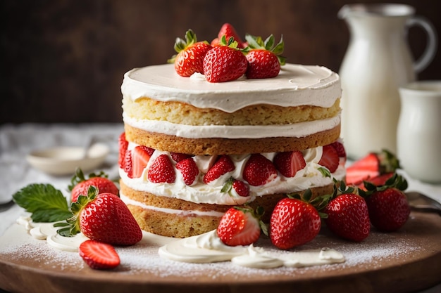 Foto koek met witte room en gegarneerd met aardbeien