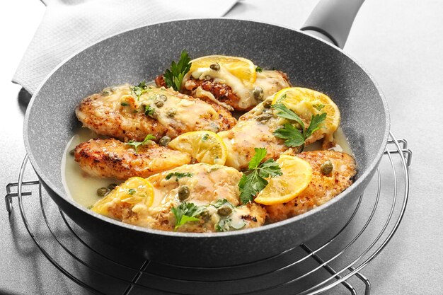 Koekenpan met heerlijke kip piccata close-up