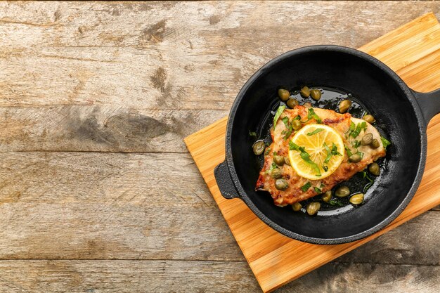 Koekenpan met heerlijke kip piccata op houten bord