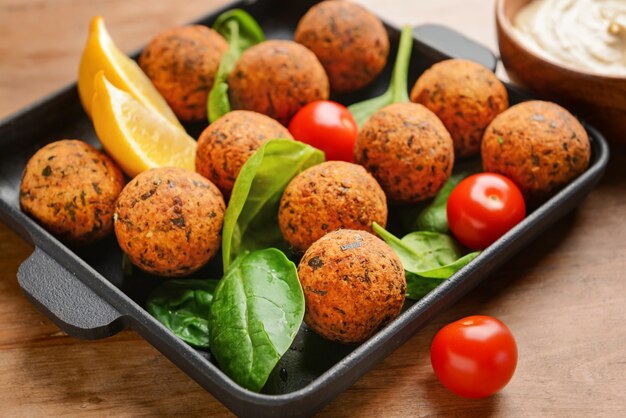 Koekenpan met smakelijke falafelballen op houten tafel