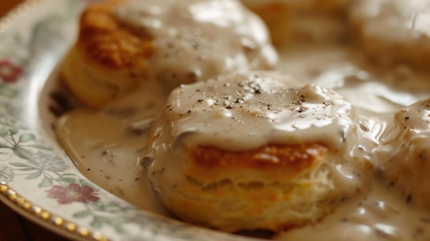 Foto koekjes bedekt met heerlijke saus perfect voor een stevige maaltijd of ontbijt veelzijdig en lekker deze afbeelding kan worden gebruikt in verschillende voedselgerelateerde projecten