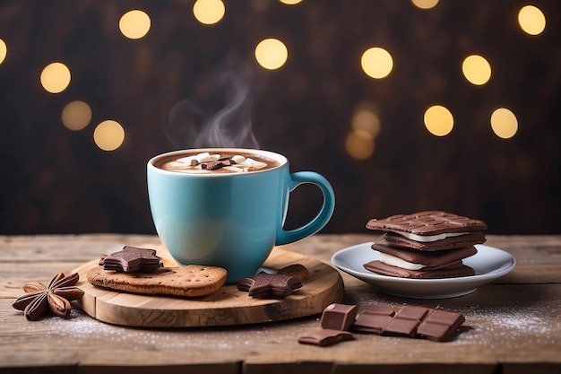 Foto koekjes en een beker met warme chocolade op een lege houten tafel op een kerstbokeh achtergrond