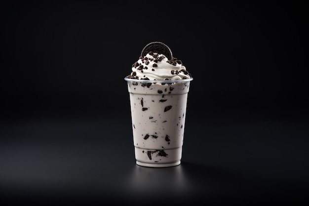 Koekjes en room milkshake in een weg te nemen beker geïsoleerd op donkere achtergrond