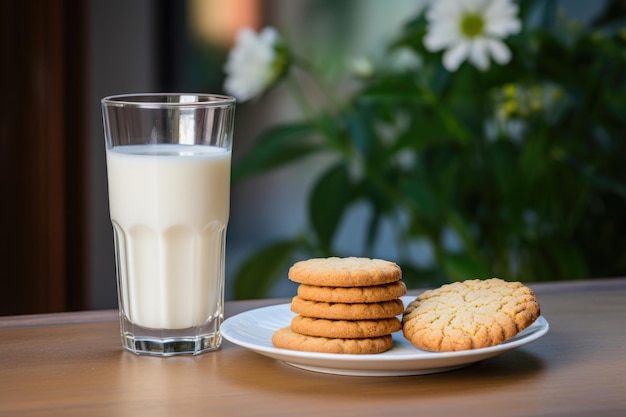 Koekjes met chocolade op een wit bord en verse melk in een glas op een donkere tafel