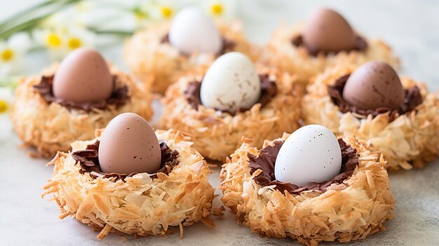 Foto koekjes met paaseieren kokosnoot macarons met mini chocolade eieren