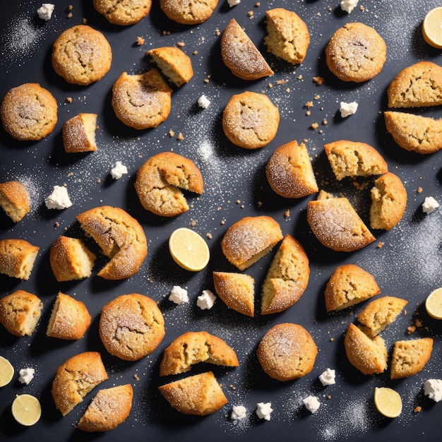 Koekjes met suikerpoeder op een zwarte achtergrond