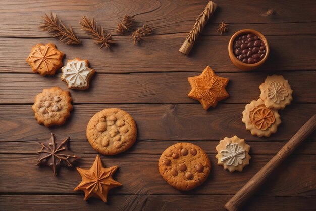 Koekjes op een houten tafel Top view ai generative