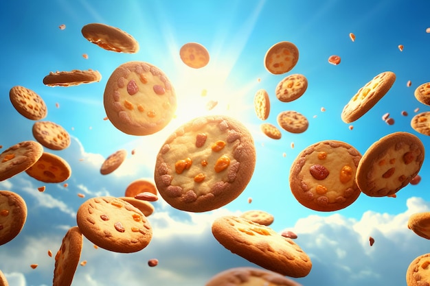 Koekjes vliegen in de zon tussen de wolken