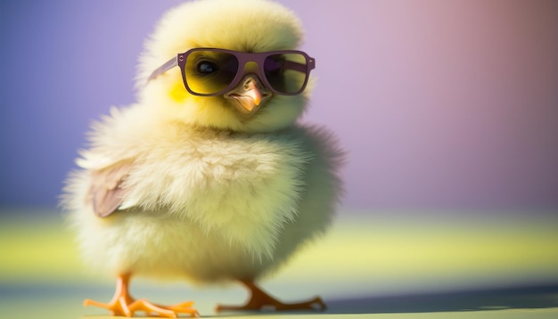 Koel babykuiken met zonnebril op een kleurrijke achtergrond Verloopachtergrond Generatieve AI