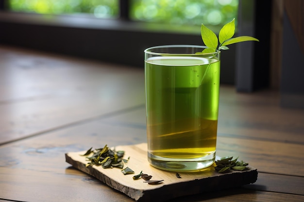 Koele groene thee in een hoog glas op de plankenvloer