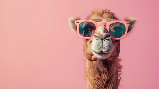 Koele kameel met stijlvolle zonnebril op een roze achtergrond