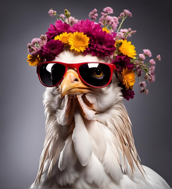 Koele kippenportret in zonnebril met bloemen op het hoofd