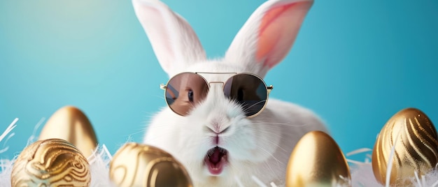 Koele konijn met een zonnebril tussen glinsterende gouden paaseieren.