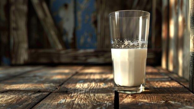 Foto koele melk in een glas met oude houten achtergrond