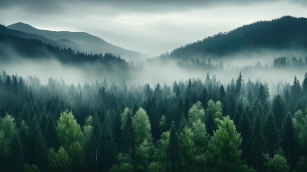 Koele, mistige vallei begroeid met pijnbomen