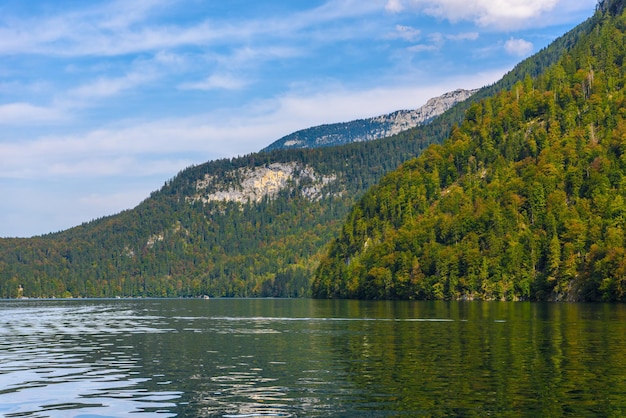 Koenigssee lake with Alp mountains Konigsee Berchtesgaden National Park Bavaria Germany