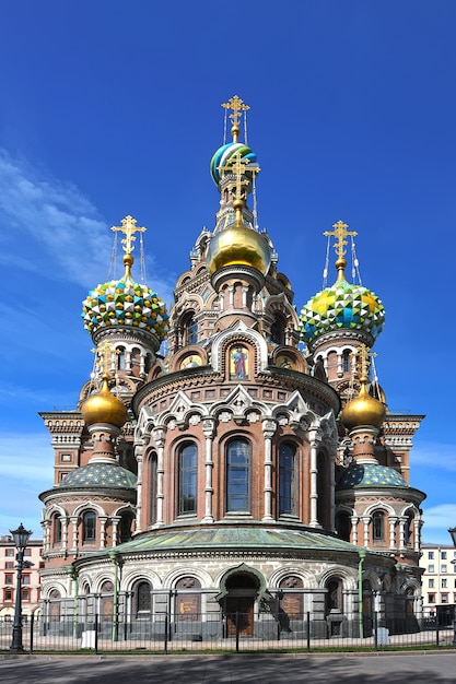 Koepels van de orthodoxe kerk van de Verlosser op bloed in St. Petersburg