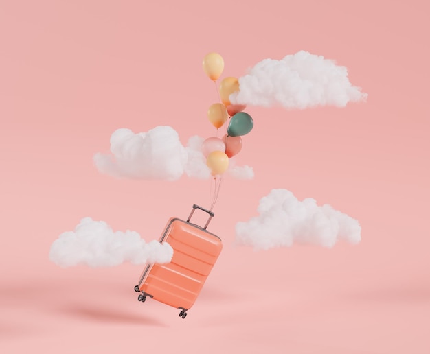 koffer gebonden aan een rij ballonnen met wolken eromheen