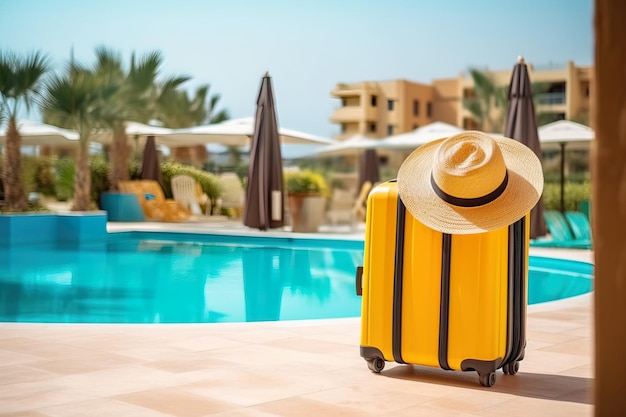 Koffer met hoed bovenop dicht bij een zwembad Reisconcept