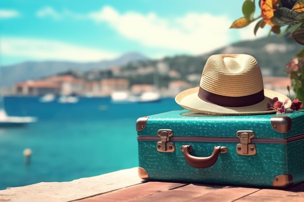 Koffer met hoed op de pier zomervakantie vakantie en reisconcept kopieerruimte
