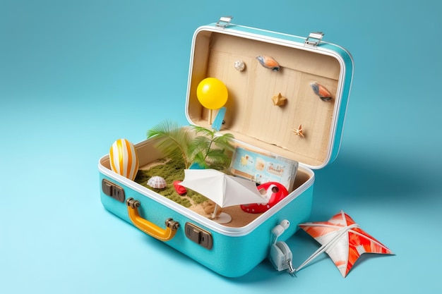 Koffer met oriëntatiepunten erin en andere vakantiespullen op een blauwe achtergrond Reisconcept