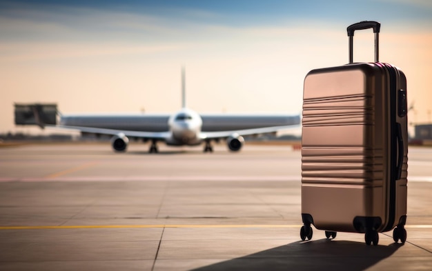 Foto koffer op de luchthaven met vliegtuig achtergrond reis en zomervakantie concept