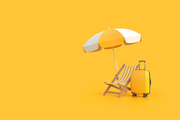 Koffer strandstoel en parasol op een gele achtergrond Zomer concept 3D render illustratie