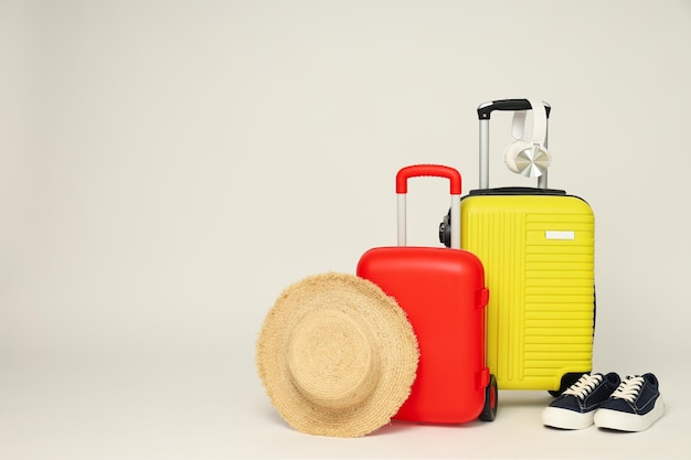 Kofferbagagebagage voor zomerreizen en vakantieruimte voor tekst