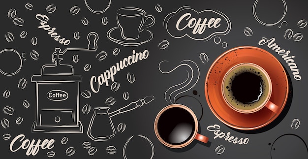 Foto koffie achtergrond met realistische kop koffie vector illustratie