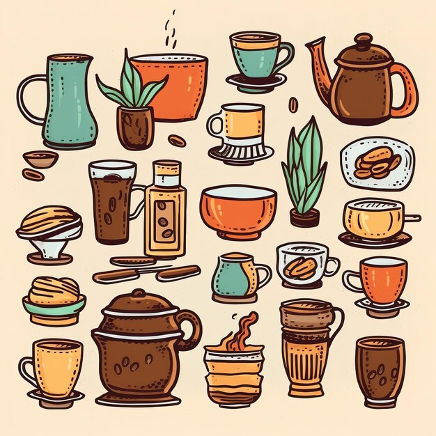 Foto koffie artikelen met de hand geschilderde illustraties clip art set