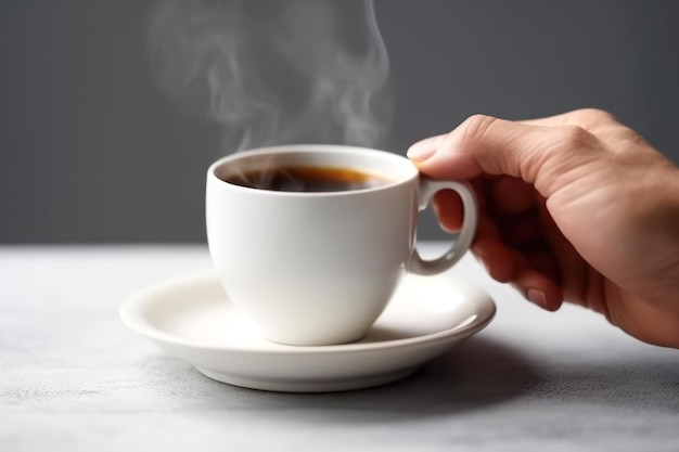 Koffie breakhand houd witte kop met hete koffie generatieve ai