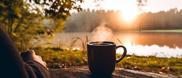 Koffie drinken buiten natuurpark frisse lucht vrije tijd